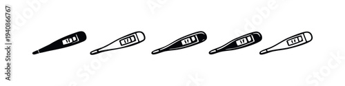 Digital Thermometer Icons Set, Medical Temperature Measurement Device Doodle Illustrations