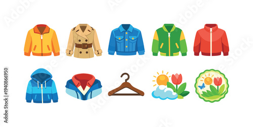 Outerwear and nature flat icon set. jackets, coats, weather symbols flat icons collection