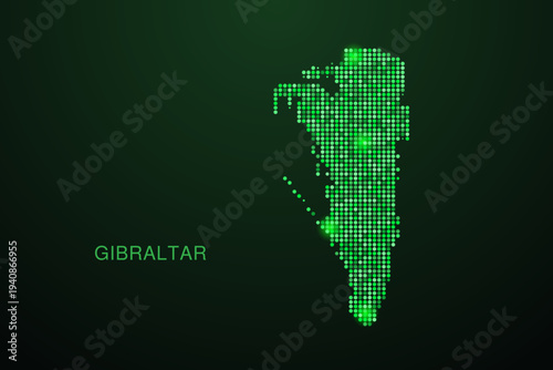 Gibraltar Map - Digital dotted map with glowing green points on dark background, modern technology style, abstract data network design, clean minimal geometric vector illustration.