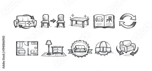 Furniture outline icon set: living room, office furniture icons collection