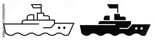 Minimalistic Icon Design of a Ship with Flag in Black and White Styles