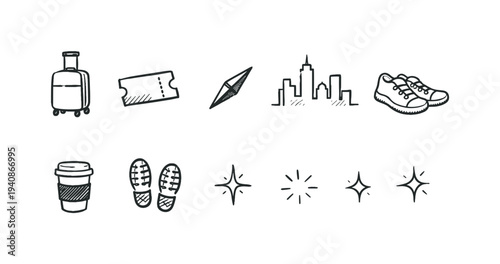 Travel and tourism outline icon set. vacation, adventure, city line symbols collection