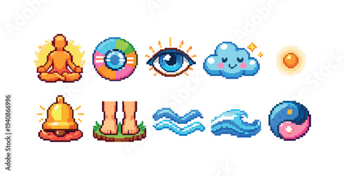 Wellness and meditation icon set. pixel art style for relaxation and mindfulness