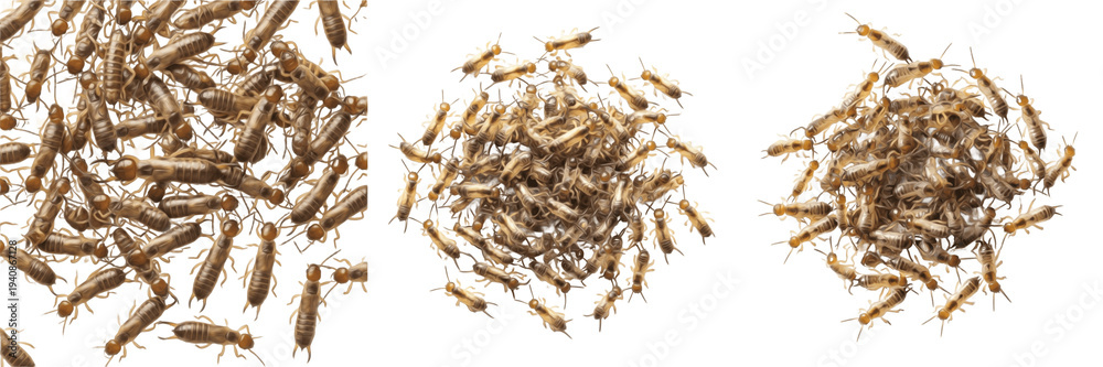 Fototapeta premium Swarm of earwig nymphs Forficula isolated on white background, small pincered insects, juvenile earwigs cluster macro, flying and crawling earwig swarm, Dermaptera insect photography
