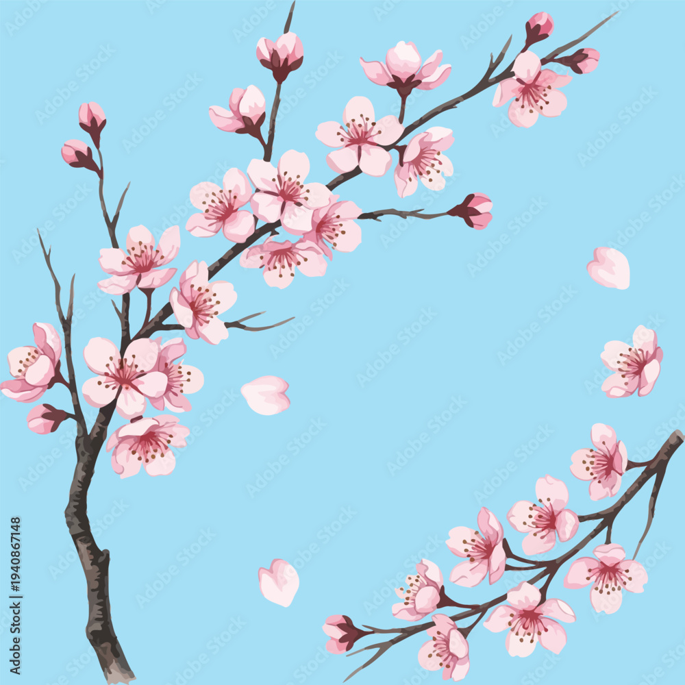 Fototapeta premium Cherry Blossom Branches on Light Blue Background vector