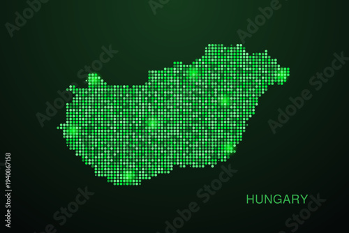 Hungary Map - Digital dotted map with glowing green points on dark background, modern technology style, abstract data network design, clean minimal geometric vector illustration.