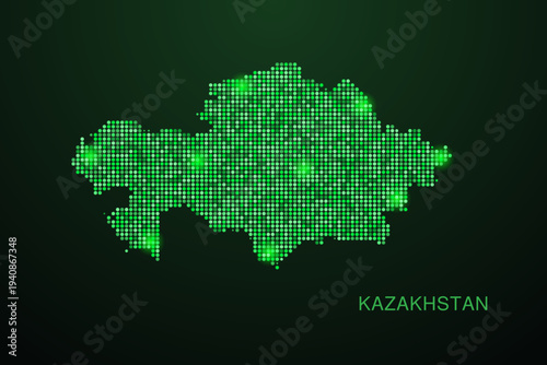 Kazakhstan Map - Digital dotted map with glowing green points on dark background, modern technology style, abstract data network design, clean minimal geometric vector illustration.