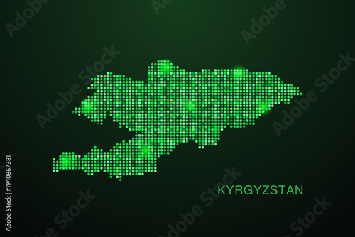 Kyrgyzstan Map - Digital dotted map with glowing green points on dark background, modern technology style, abstract data network design, clean minimal geometric vector illustration.