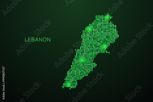 Lebanon Map - Digital dotted map with glowing green points on dark background, modern technology style, abstract data network design, clean minimal geometric vector illustration.