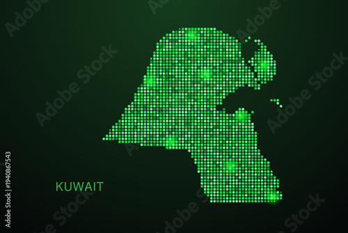 Kuwait Map - Digital dotted map with glowing green points on dark background, modern technology style, abstract data network design, clean minimal geometric vector illustration.