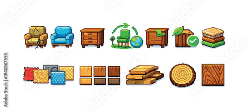 Furniture and decor 3d icon set. sustainable and wooden decor 3d icons collection