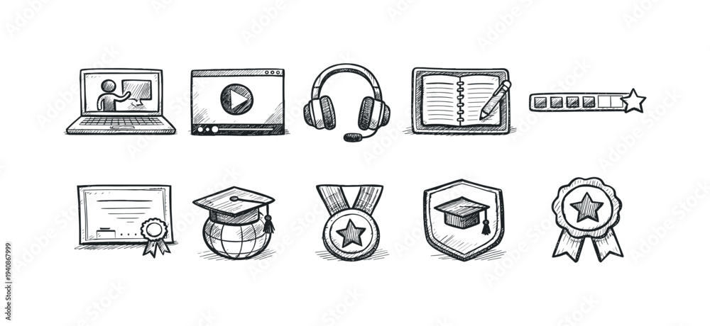 Fototapeta premium Education, e-learning doodle icon set. online learning, school doodle icons collection