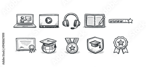 Education, e-learning doodle icon set. online learning, school doodle icons collection