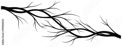 Twisted black branch silhouette on white background.