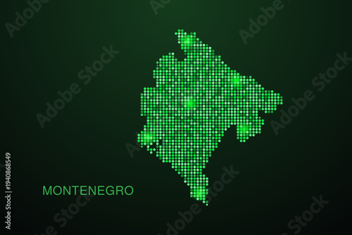 Montenegro Map - Digital dotted map with glowing green points on dark background, modern technology style, abstract data network design, clean minimal geometric vector illustration.