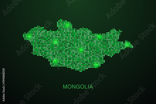 Mongolia Map - Digital dotted map with glowing green points on dark background, modern technology style, abstract data network design, clean minimal geometric vector illustration.