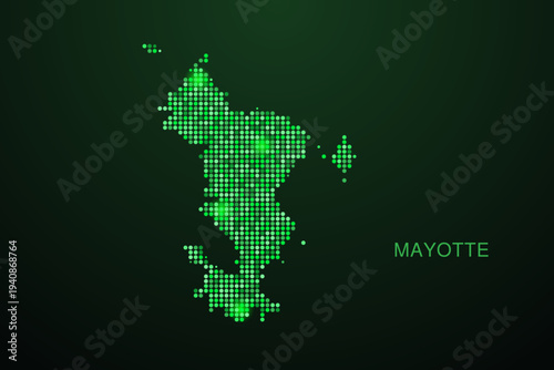 Mayotte Map - Digital dotted map with glowing green points on dark background, modern technology style, abstract data network design, clean minimal geometric vector illustration.