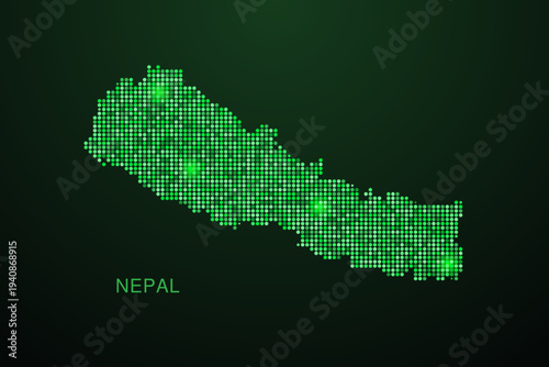 Nepal Map - Digital dotted map with glowing green points on dark background, modern technology style, abstract data network design, clean minimal geometric vector illustration.