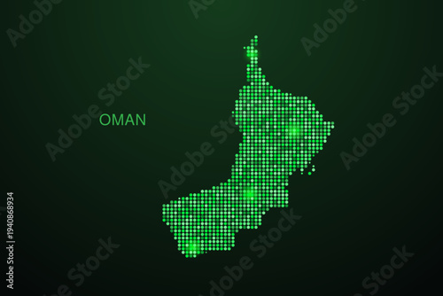 Oman Map - Digital dotted map with glowing green points on dark background, modern technology style, abstract data network design, clean minimal geometric vector illustration.