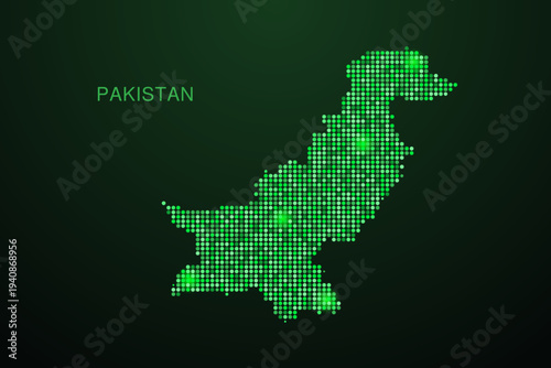 Pakistan Map - Digital dotted map with glowing green points on dark background, modern technology style, abstract data network design, clean minimal geometric vector illustration.