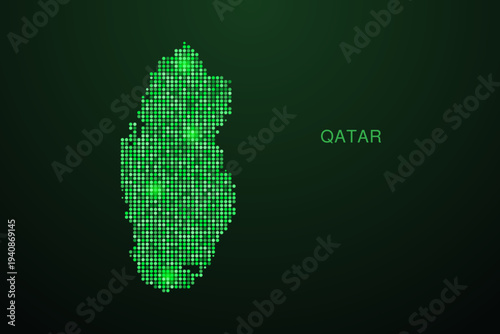 Qatar Map - Digital dotted map with glowing green points on dark background, modern technology style, abstract data network design, clean minimal geometric vector illustration.