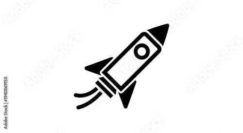 Black and white outline icon of a rocket ship with smoke trails, representing space travel and a simple journey concept