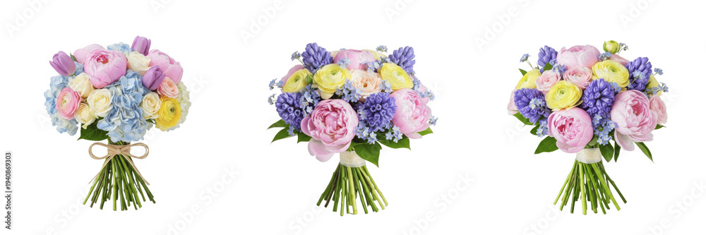 Obraz premium Pastel spring flowers bouquet isolated on white background, tulips, peonies, ranunculus, soft pink and lavender flowers, seasonal spring bouquet, cut flower arrangement, florist photography