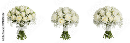 Foto White roses and baby’s breath bouquet isolated on white background, Rosa spp, Gy