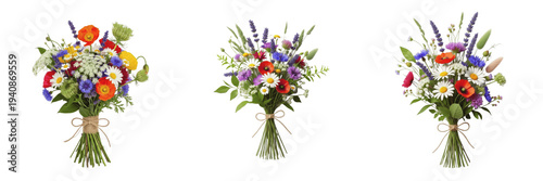 Handcrafted rustic wildflower bouquet isolated on white background, daisies, cornflowers, lavender, wheat stalks, artisan floral bouquet, cut flower arrangement, florist photography