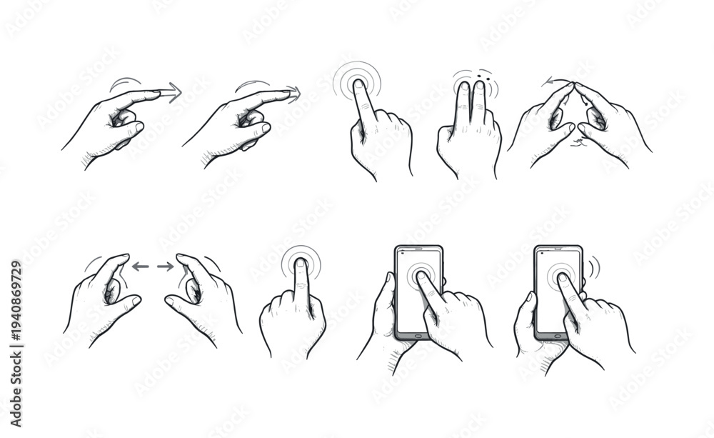 Fototapeta premium Touchscreen gestures line icon set. swipe, tap, pinch, zoom, smartphone gesture icons