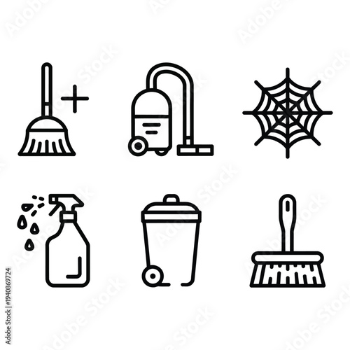 Household cleaning and sanitation equipment outline icons set