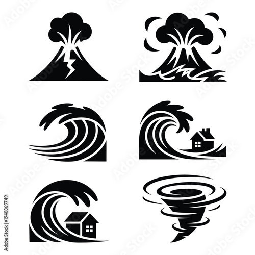 Natural Catastrophe Icons Collection Depicting Volcanoes, Destructive Tsunamis, and a Powerful Tornado