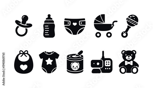 Baby care silhouette icon set. newborn essentials, baby products silhouette collection