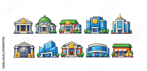 Bank and finance 3d icon set with buildings, dollar signs, coin symbols