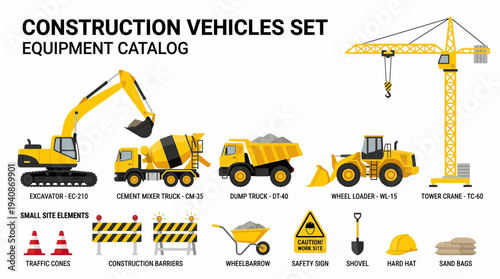 Construction vehicles equipment catalog with machines tools and safety icons