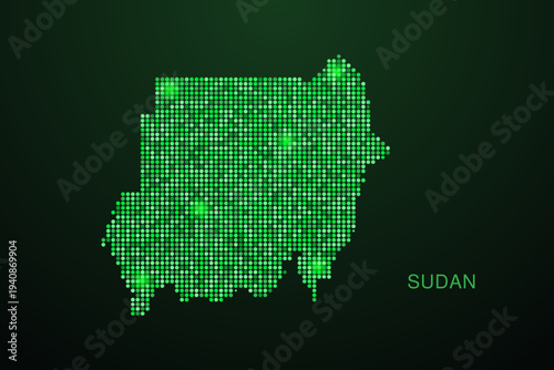 Sudan Map - Digital dotted map with glowing green points on dark background, modern technology style, abstract data network design, clean minimal geometric vector illustration.