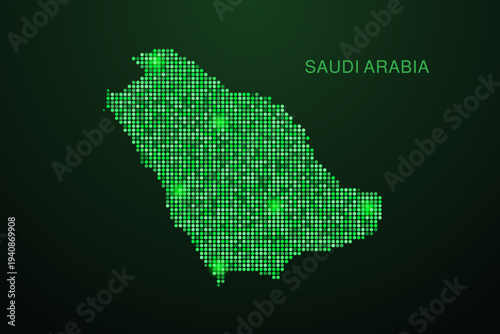 Saudi Arabia Map - Digital dotted map with glowing green points on dark background, modern technology style, abstract data network design, clean minimal geometric vector illustration.