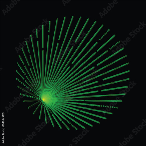 Green neon light rays emanating from a central point in a circular pattern
