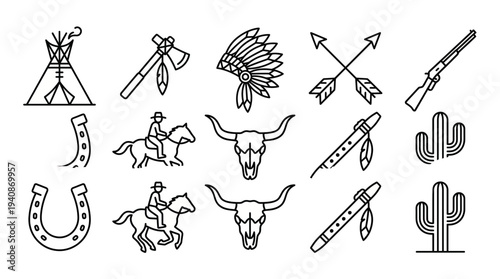 Minimal western native line icon bundle with horse skull cactus and rifle