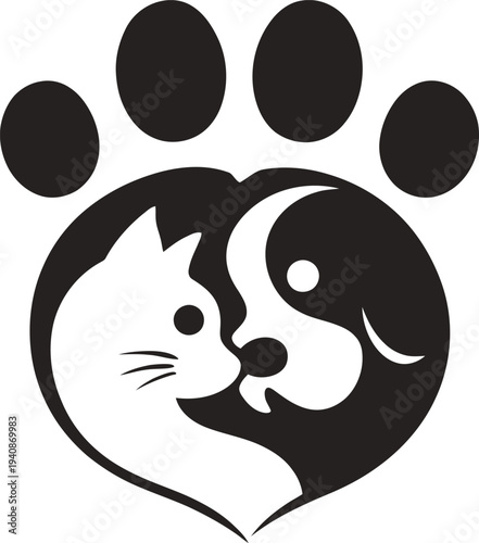 Modern pet care logo featuring cat and dog faces combined in heart shape with paw symbol. Ideal for veterinary clinics, pet hospitals, grooming services and animal welfare
