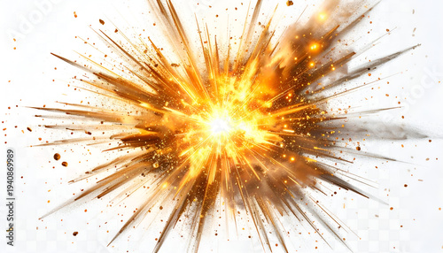 A brilliant orange and yellow explosion bursts outwards, illuminating the background