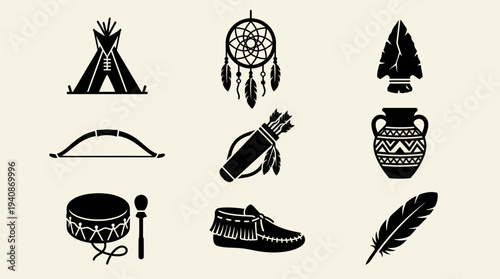 Beige native icon sheet with teepee dreamcatcher arrowhead and feather