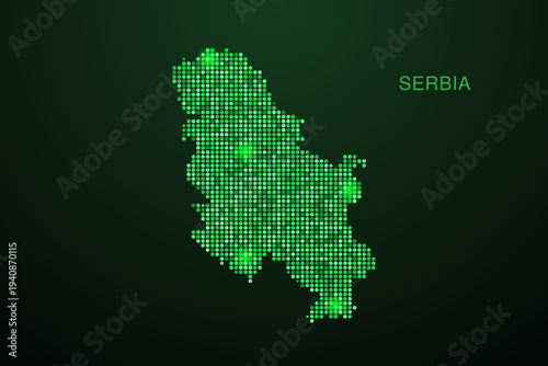 Serbia Map - Digital dotted map with glowing green points on dark background, modern technology style, abstract data network design, clean minimal geometric vector illustration.