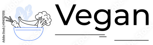 Bowl of fresh vegetables and fruits including carrots, bananas, and broccoli accompanied by bold vegan text. Ideal for plant-based eating, health, sustainability, organic lifestyle, minimalism, clean