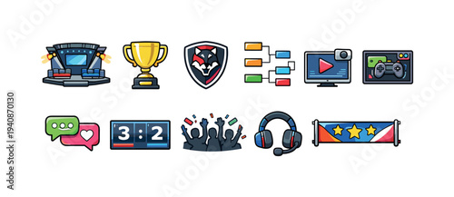 Gaming and esports flat icon set. video games, tournaments, streamed content