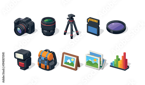 Photography equipment icon set. camera, lens, tripod, backpack icons in 3d style