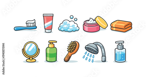 Bath and beauty icon set. personal care, hygiene flat icons collection.