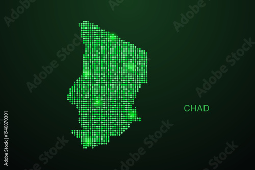 Chad Map - Digital dotted map with glowing green points on dark background, modern technology style, abstract data network design, clean minimal geometric vector illustration.