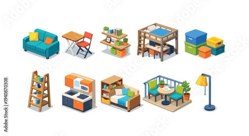 Home furniture 3d icon set. cozy interior, living room, bedroom icons collection.