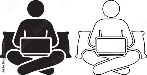 Vector icon set featuring a person sitting cross-legged with a laptop and pillows in solid black silhouette and linear outline styles representing remote work and home office comfort.